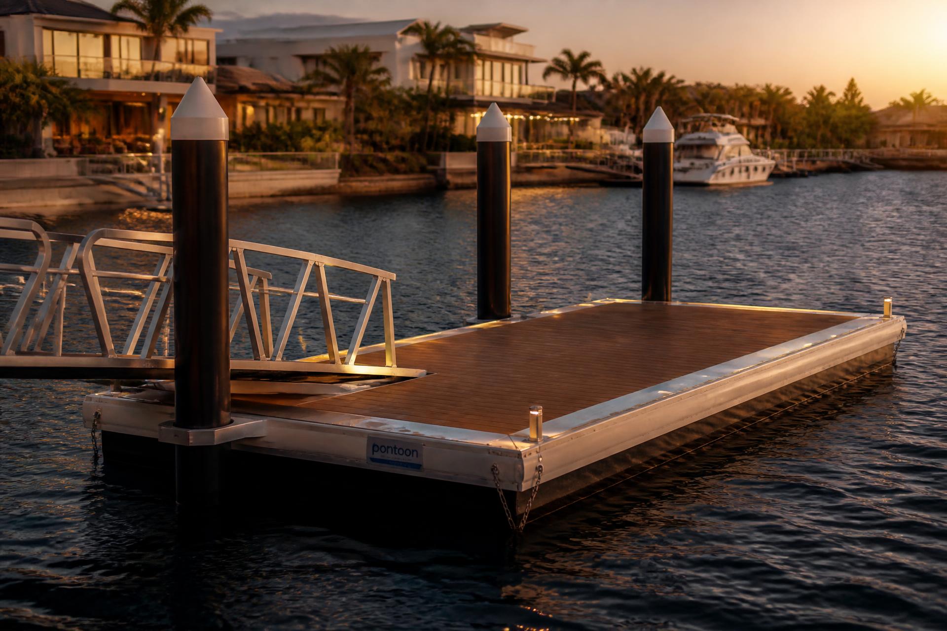 Floating pontoon with marine piles on a Gold Coast canal at sunset